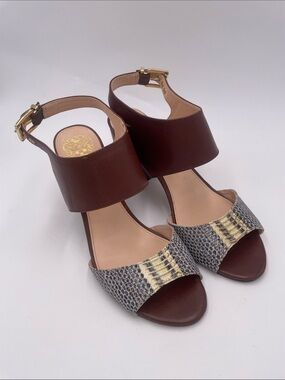 Vince Camuto Women’s Banna Brown Snakeskin-Print Leather Open-Toe Heels